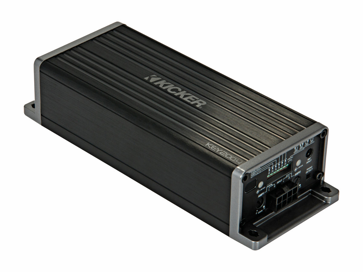 KICKER KEY200.4 smart amplifier, angled view of tuning controls and inputs