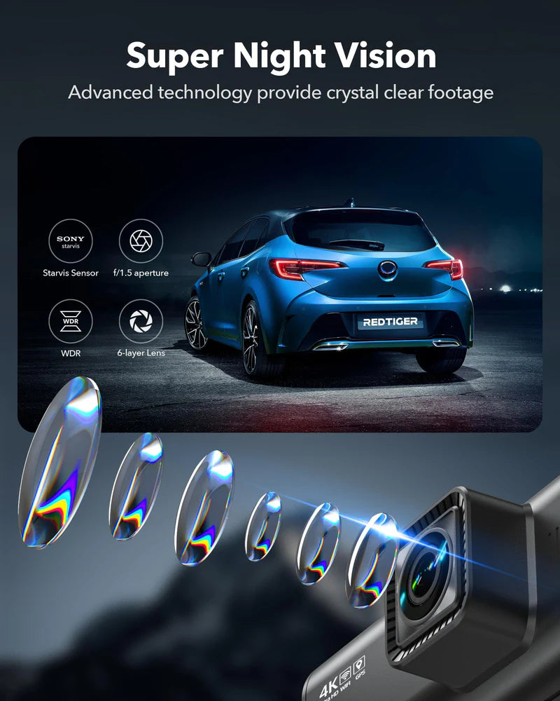 REDTIGER F7NT MAX Touch Screen 4K Dash Cam Front and Rear, Wi-Fi GPS, 64GB SD Card