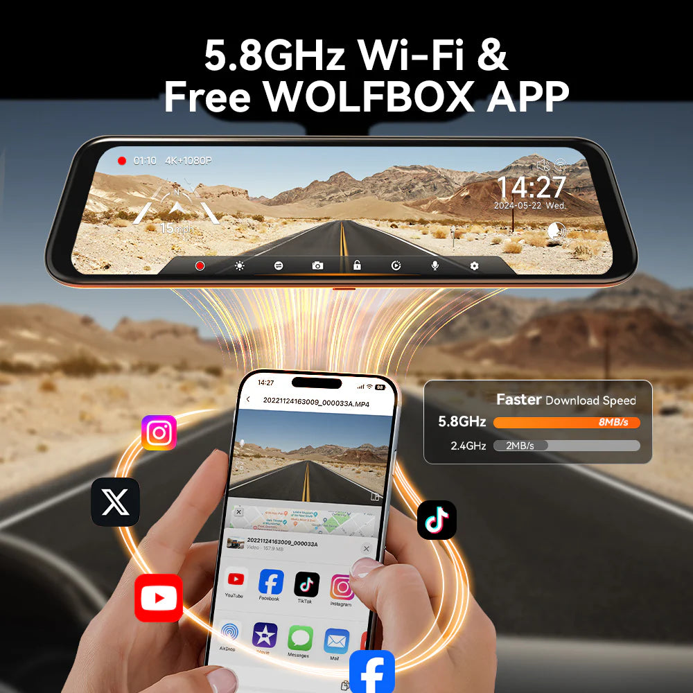 WOLFBOX G850 WIFI Smart Rearview Mirror Dash Cam and Backup Camera with Voice Control