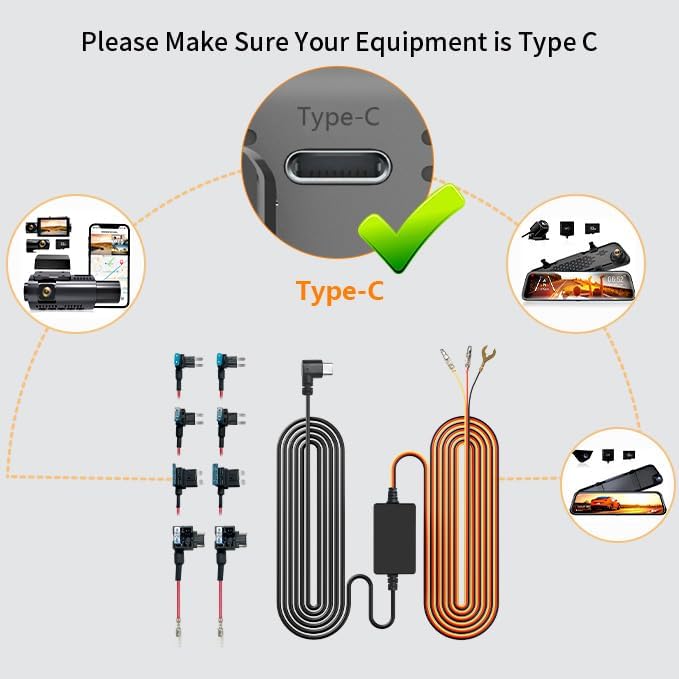 WOLFBOX USB C Universal Hardwire Kit for G850PRO/G850/G900/G840H/i07/i17/X5 Mirror Dash Cams