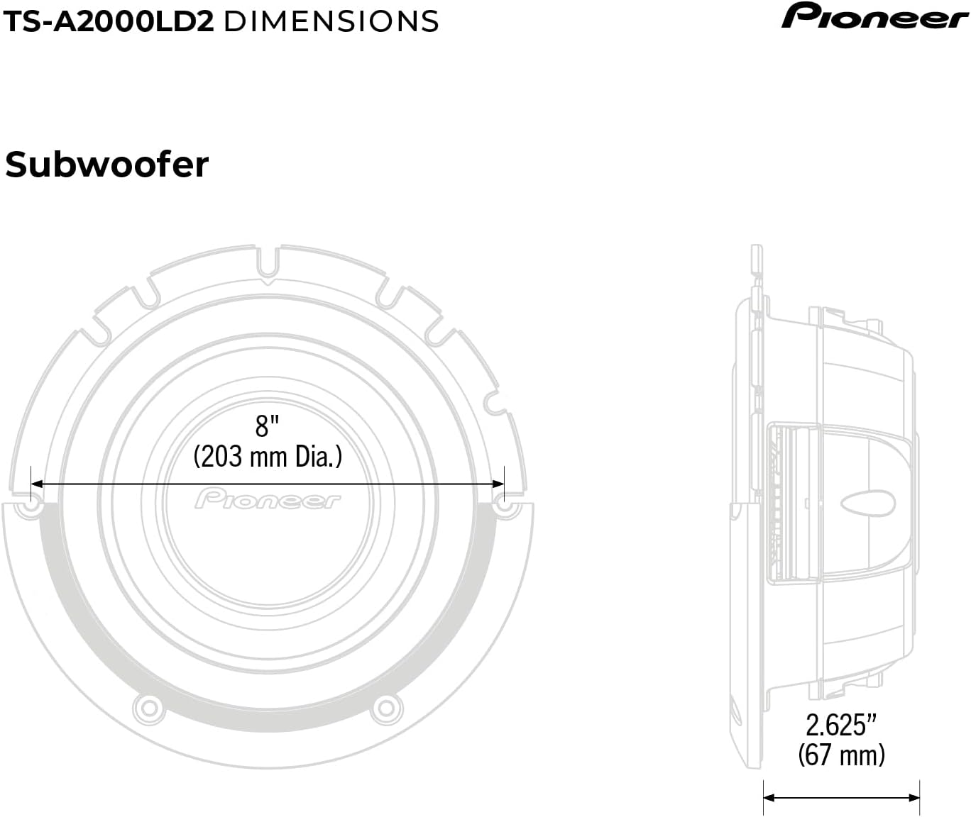 Pioneer TS-A2000LD2 8” Shallow Mount Dual 2 Ohm Subwoofer 250 Watts RMS
