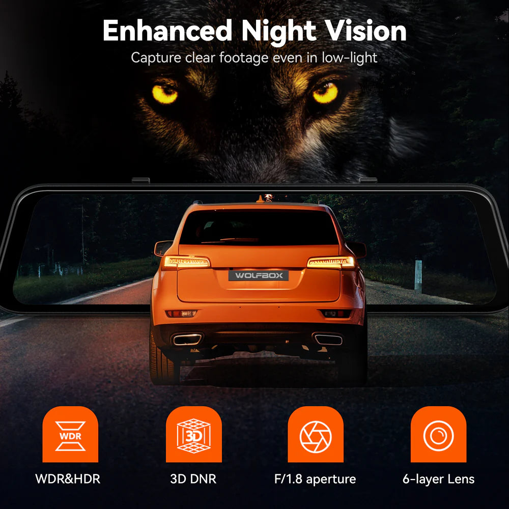 WOLFBOX G850Pro 4K Wifi ADAS Front and Rear Smart Mirror Dash Cam with Voice Control