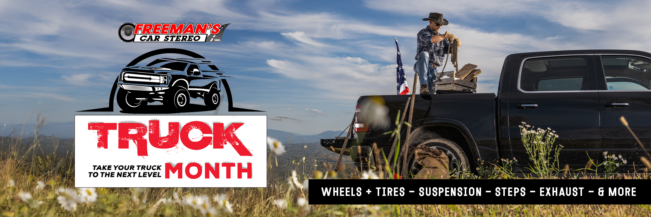 Man With Cowboy hat in his truck in a field. Truck Month: Take Your Truck To The Next Level. Wheels + Tires, Suspension, Steps, Exhaust, and More