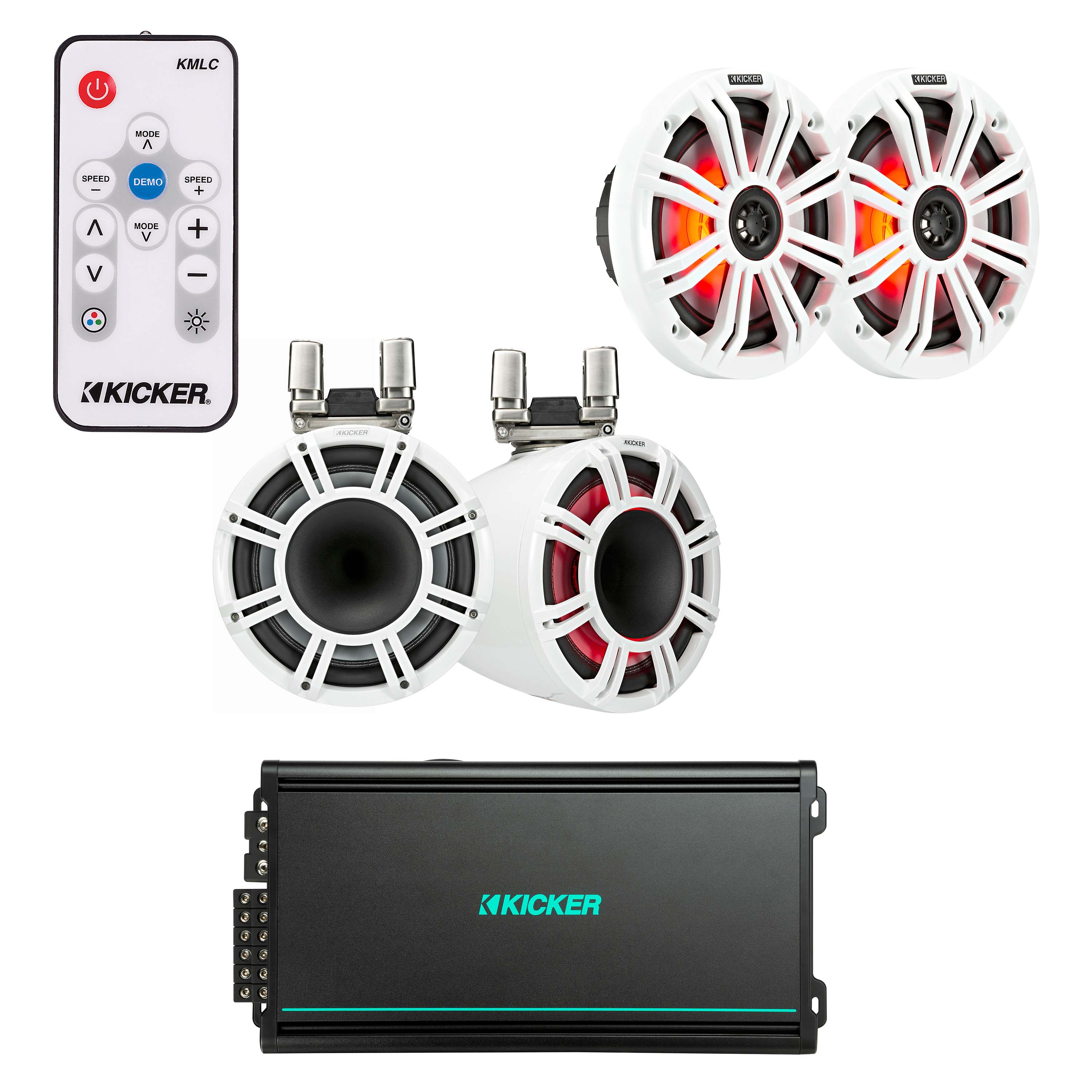 Kicker 44KMTC114W 1 Pair + 45KM654L 1 Pair + 48KMA6006 Amp + FREE 41KMLC Remote Marine Bundle