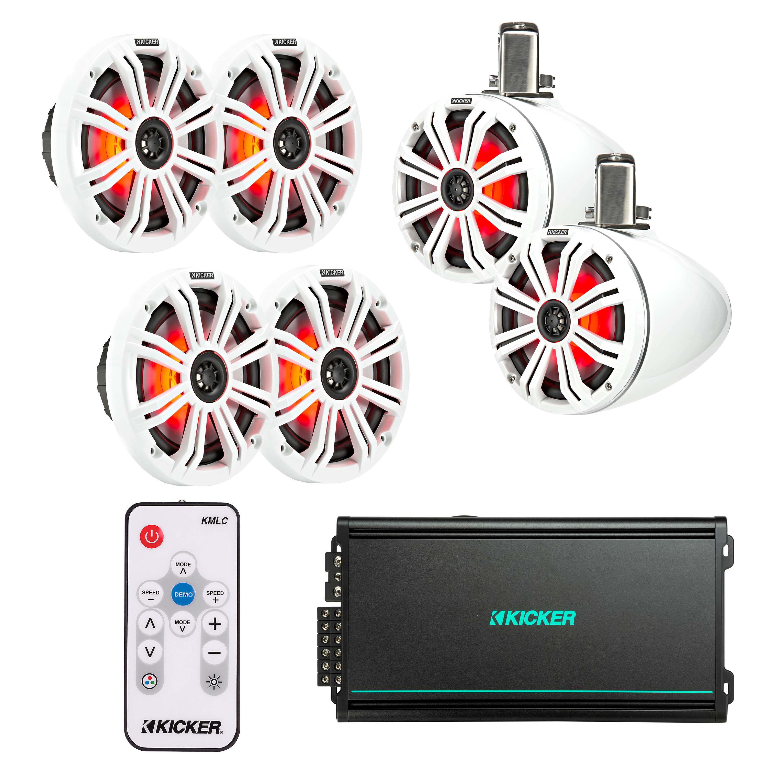 Kicker 45KMTC8W x1 Pair Speaker + 45KM654L x2 Pairs Speaker + 48KMA6006 Marine Amplifier + FREE 41KMLC LED Remote