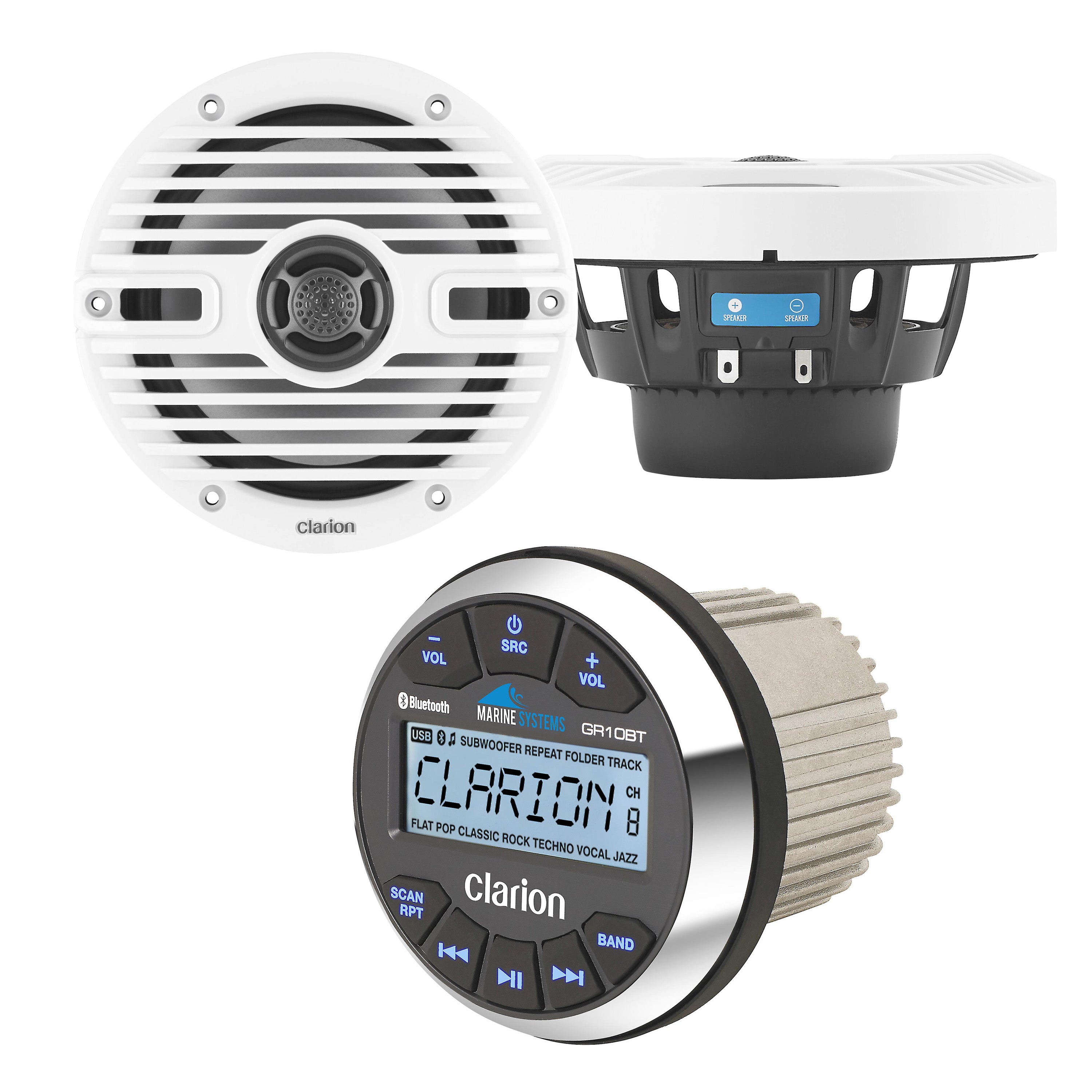 Clarion GR10BT Marine Receiver + CMS-651-CWB (1 Pair) Marine Speaker Bundle