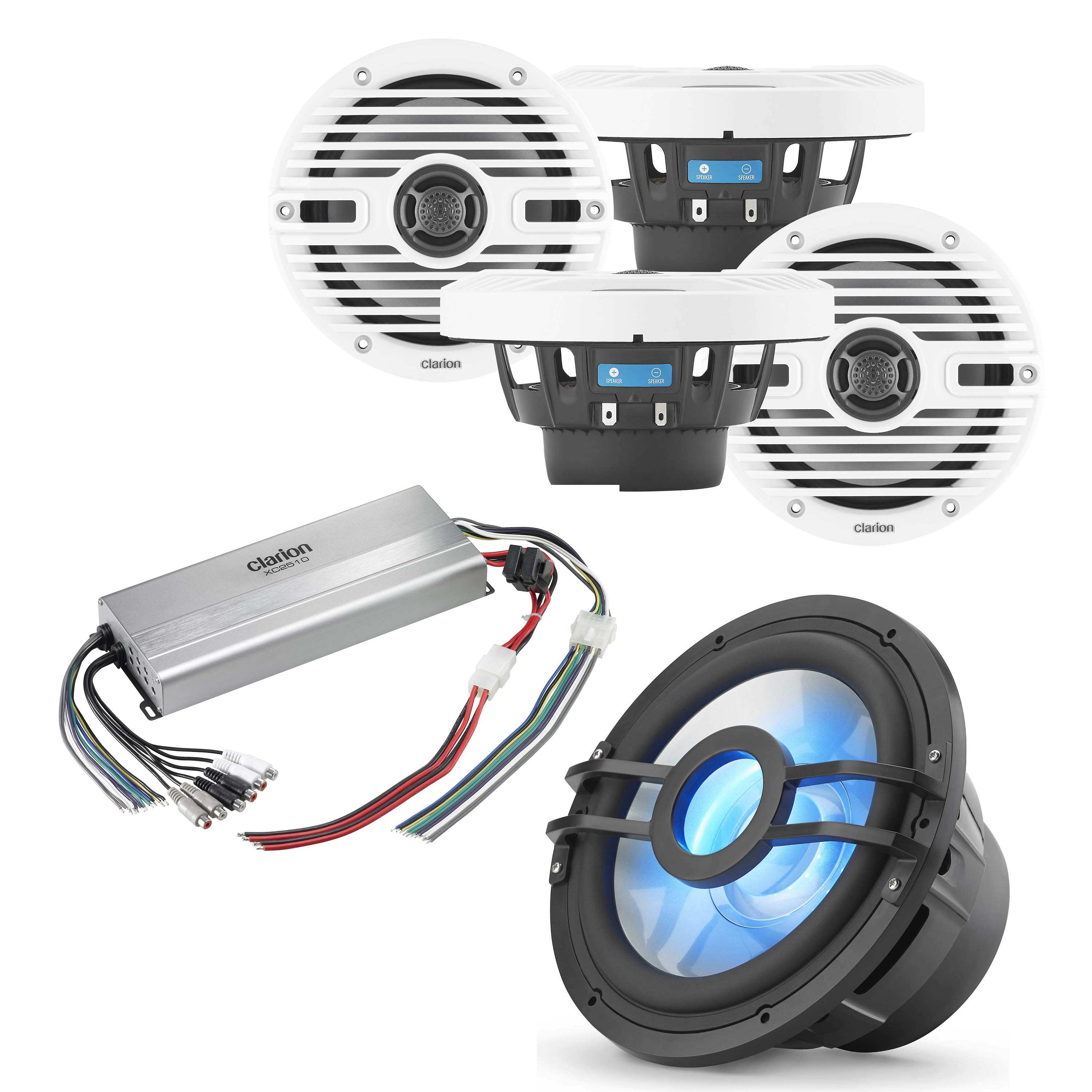 Clarion CMS-651-CWB x2 Pair 6.5" Speakers + CMSP-101RGB-2 + XC2510 Marine Amp Bundle - Freemans Car Stereo