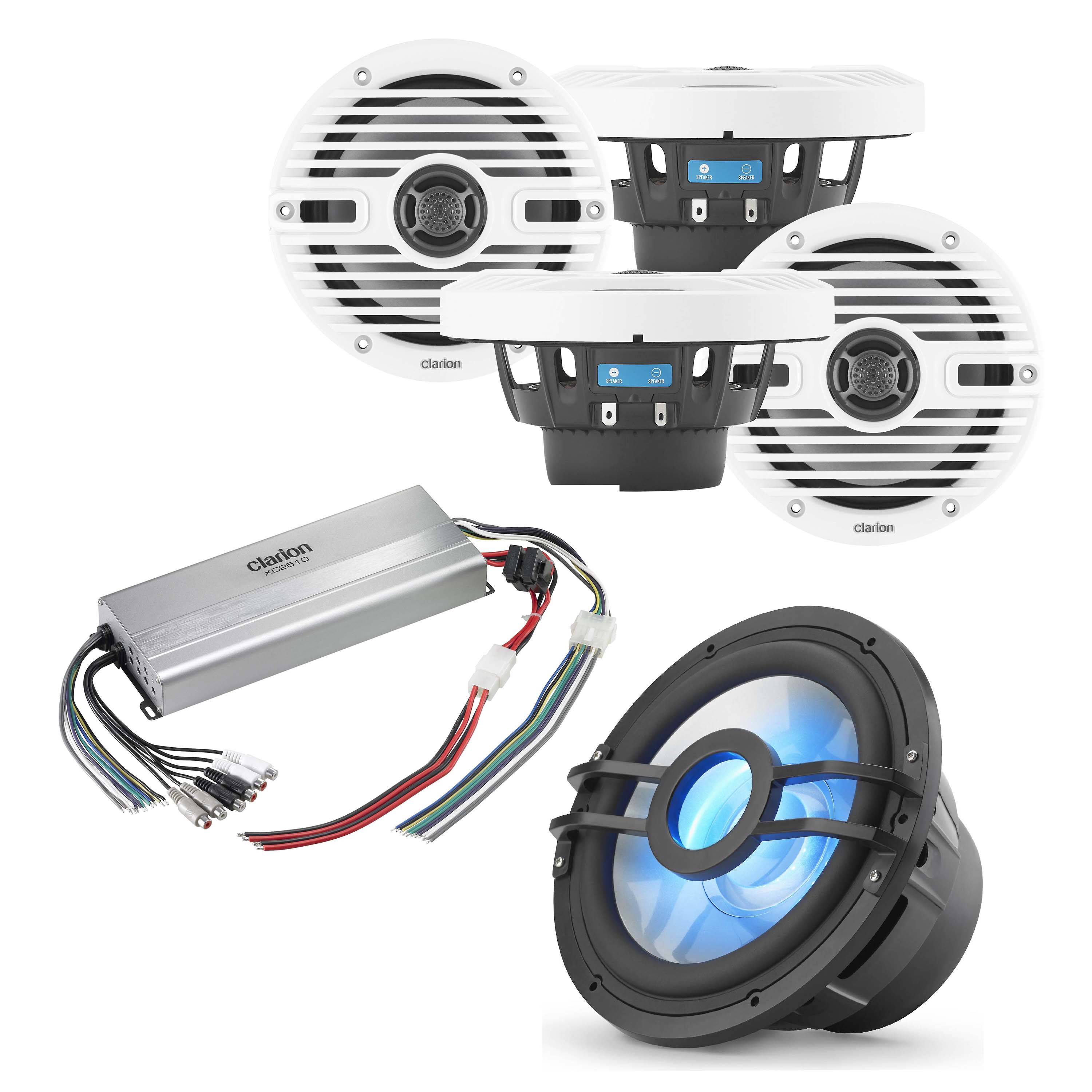 Clarion CMS-651-CWB x2 Pair + CMSP-101RGB-4 + XC2510 Amp Bundle