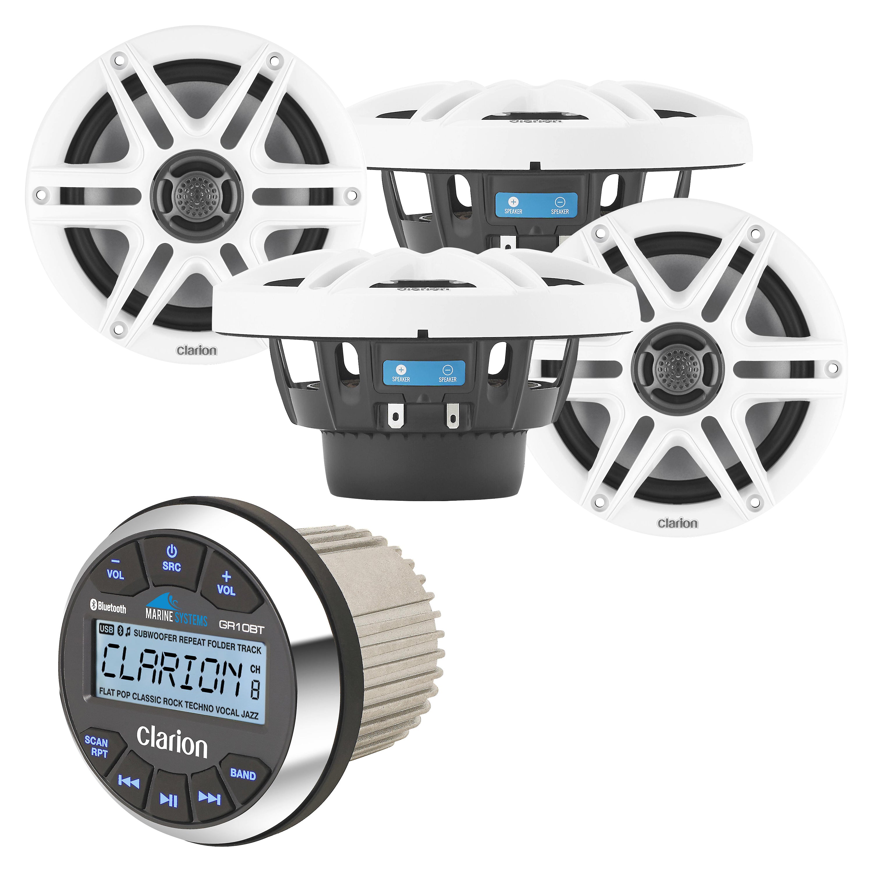 Clarion GR10BT + x2 Pairs CMS-651-SWB 6.5" Marine Speakers Bundle