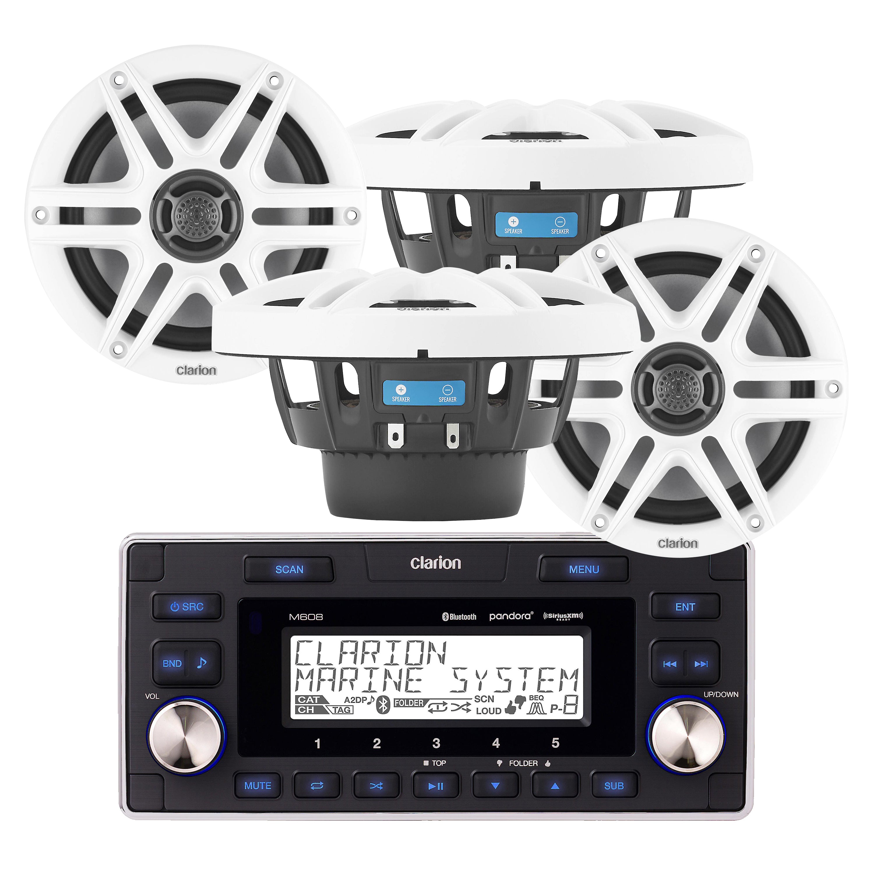 Clarion CMS-651-SWB x2 Pairs Speakers + M608 1-DIN Receiver Marine Bundle