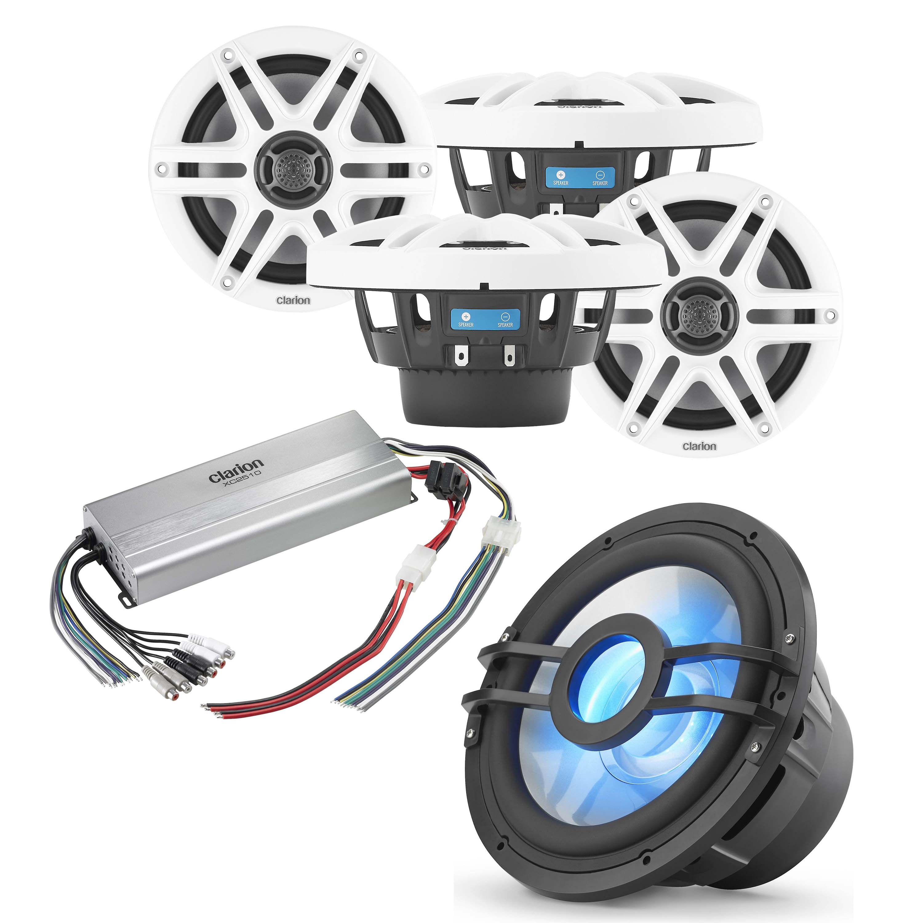 Clarion CMS-651-SWB x2 Pair + CMSP-101RGB-2 + XC2510 Marine Bundle