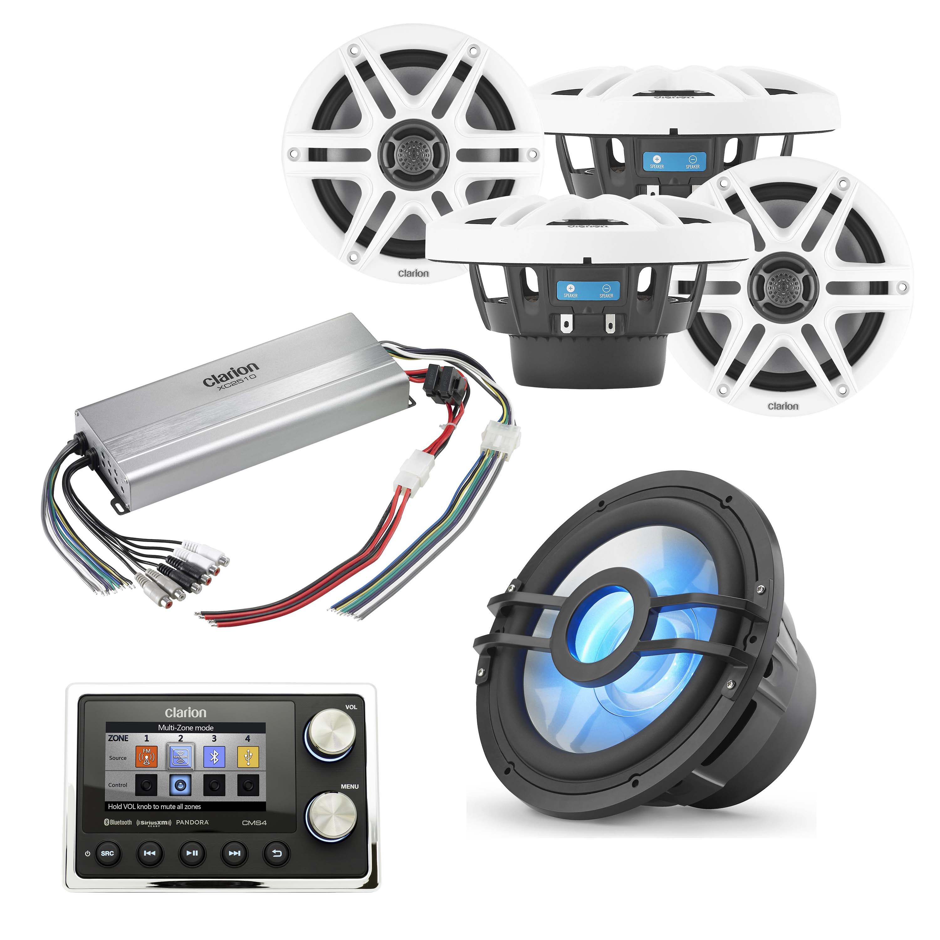 Clarion CMS4 + CMS-651-CWB x2 Pair + CMSP-101RGB-2 + XC2510 Marine Bundle