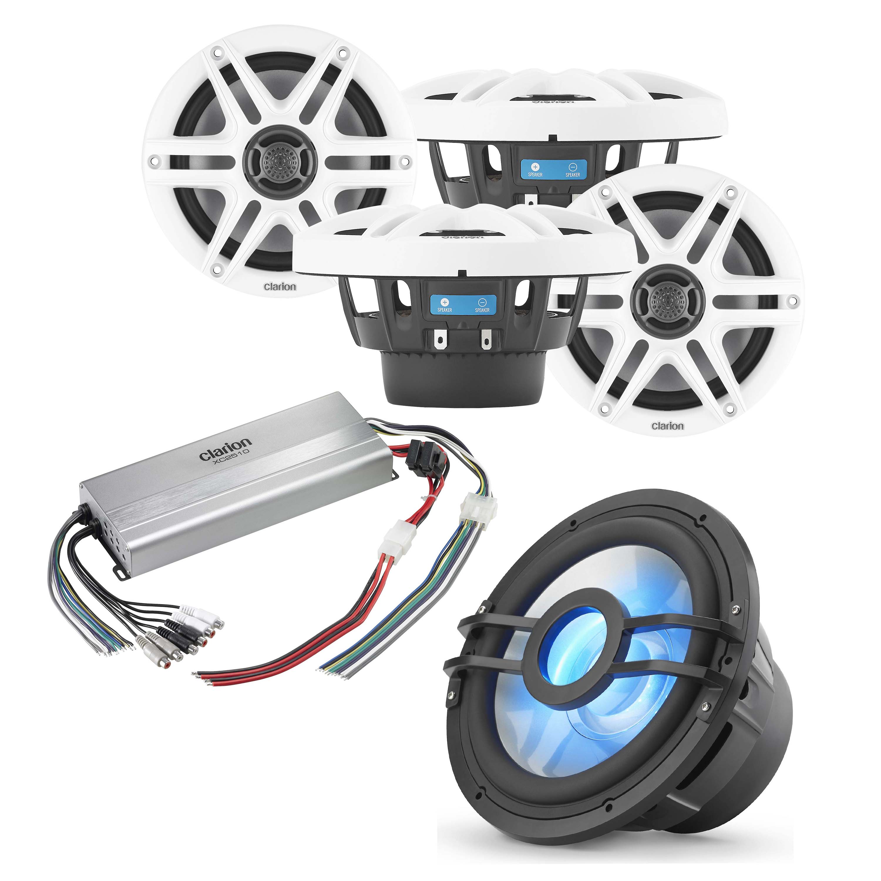 Clarion CMS-651-SWB x2 Pair + CMSP-101RGB-4 + XC2510 Marine Bundle