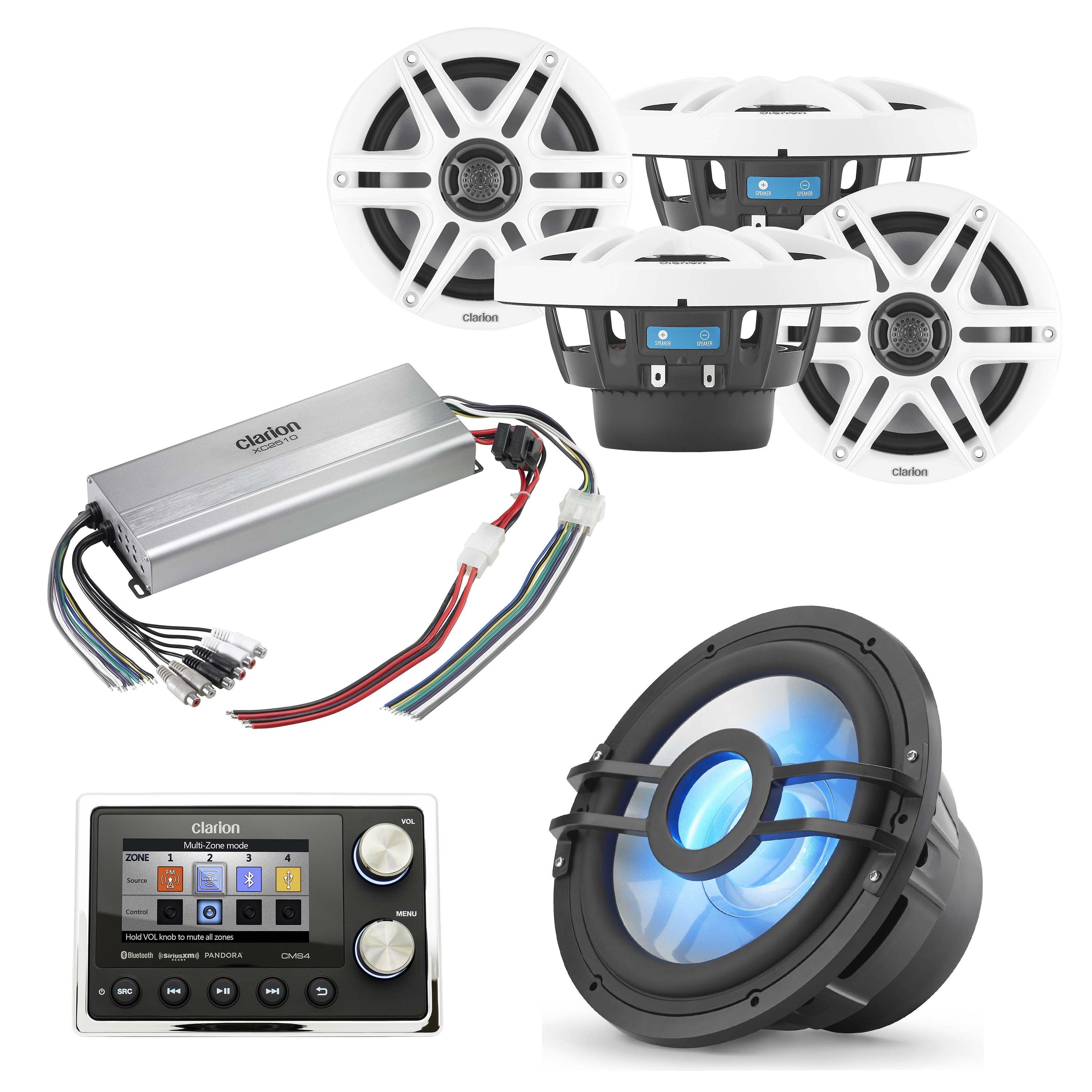 Clarion CMS4 + CMS-651-CWB x2 Pair Speakers + CMSP-101RGB-4 Sub + XC2510 Amp Marine Bundle