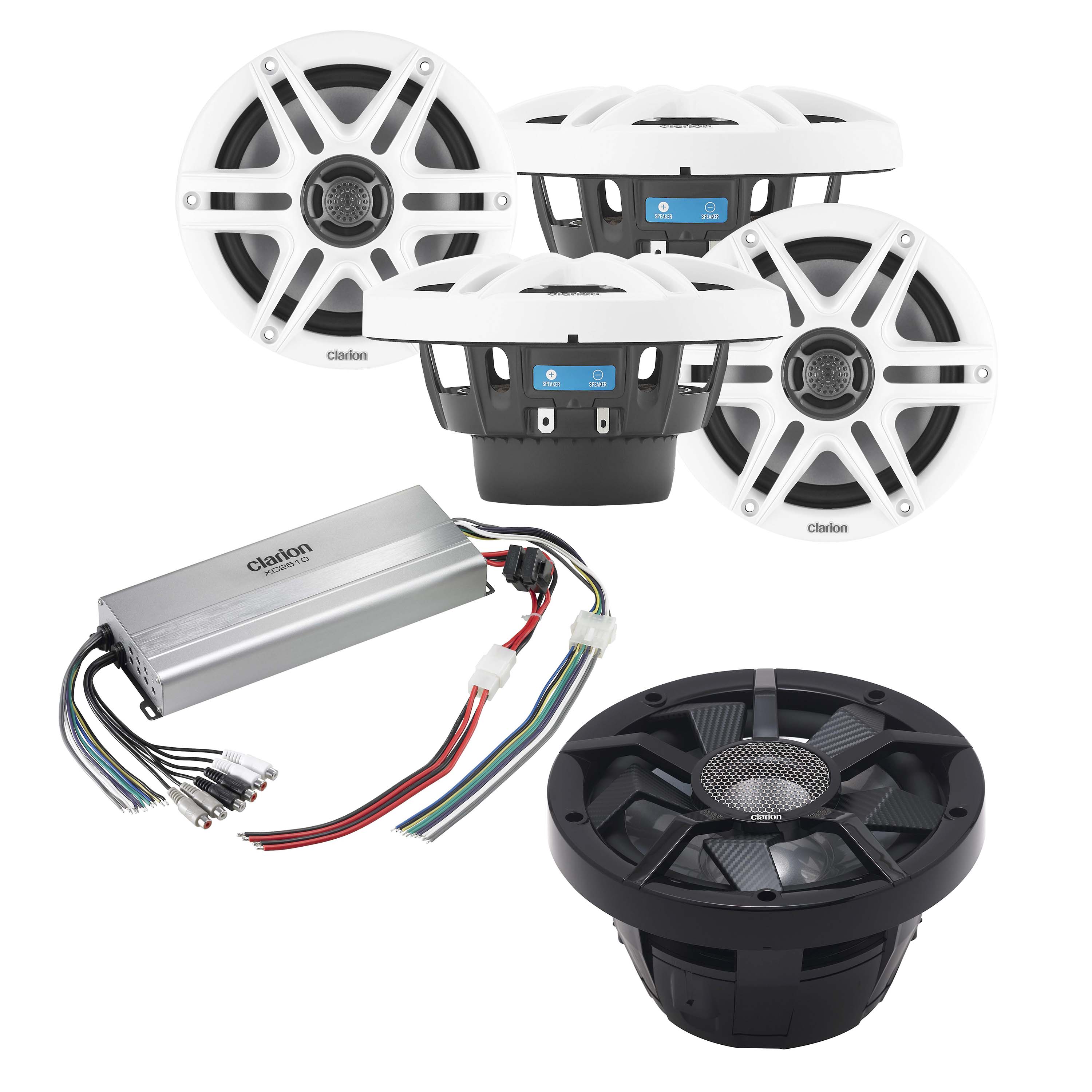 Clarion CMS-651-SWB x2 Pairs Speaker + CM2513WL Sub + XC2510 Amp Marine Bundle