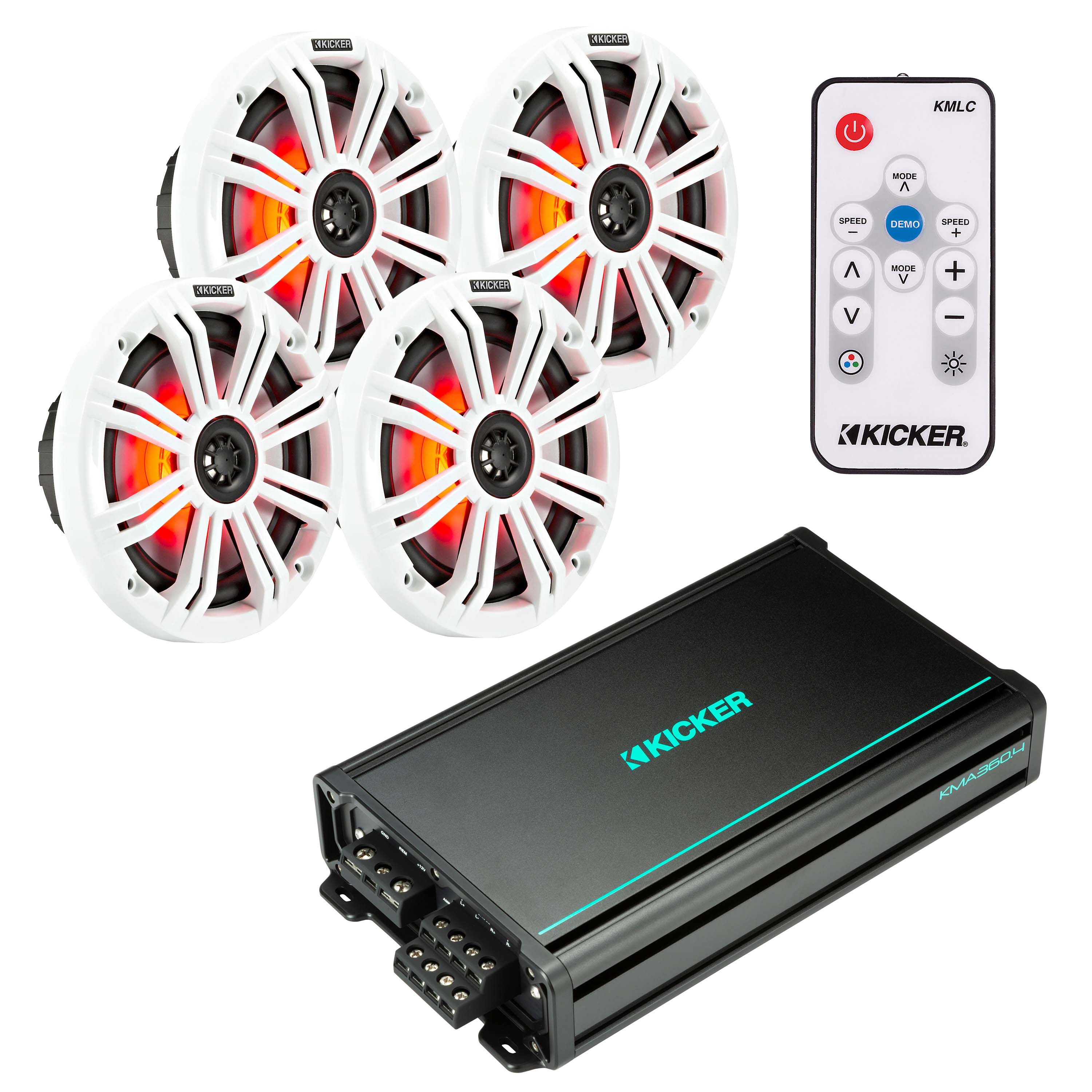 Kicker 45KM654L x2 Pairs 6.5" Speakers + 48KMA3604 Amp + FREE 41KMLC Remote Marine Bundle