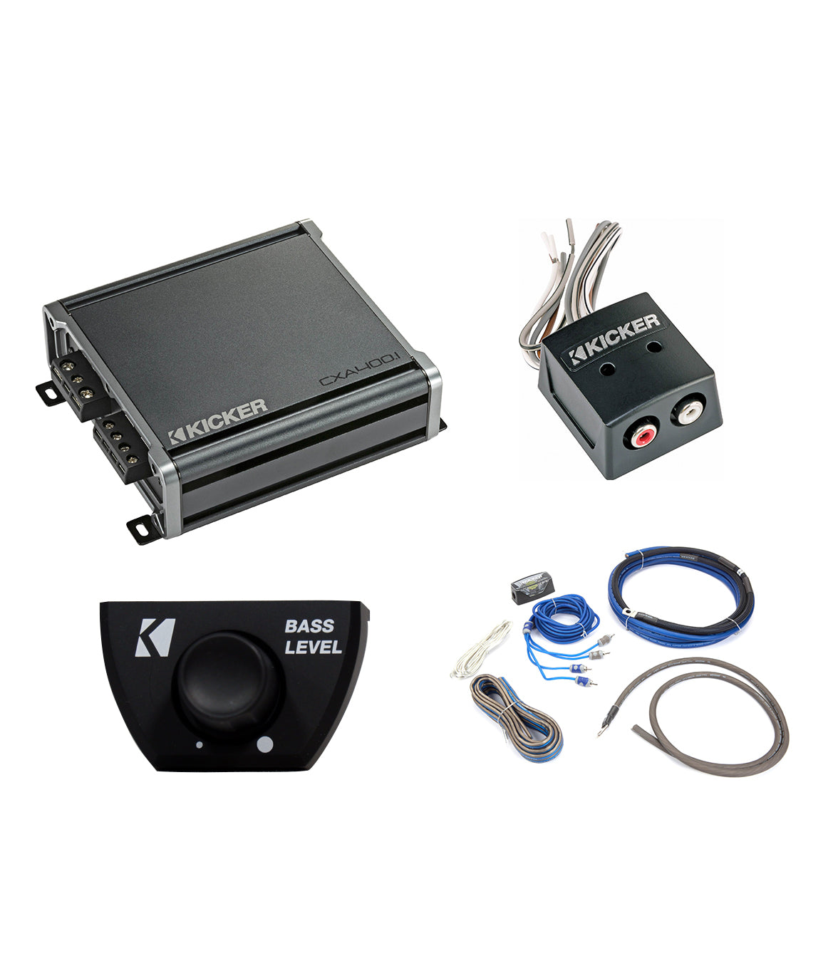Kicker 46CXA4001T Amplifier + 46CK8 Wiring Kit + 46CXARC Bass Knob + 46KISLOC