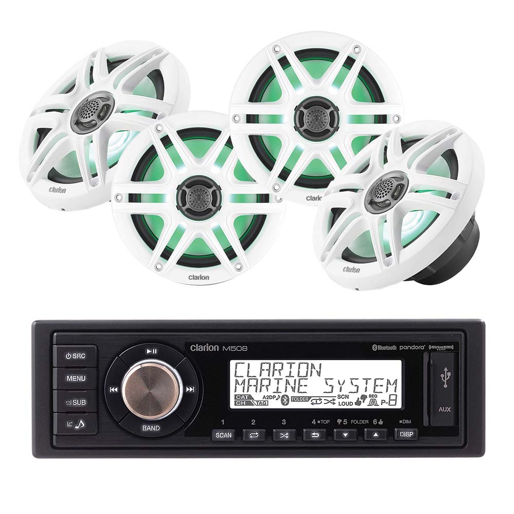 Clarion M508 1-DIN + CMS-651RGB-SWB x2 Pairs 6.5" Marine Speaker Bundle
