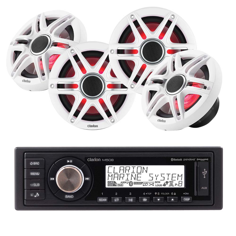 Clarion M508 1-DIN + CMSP-651RGB-SWG x2 Pairs 6.5" Marine Speakers Bundle