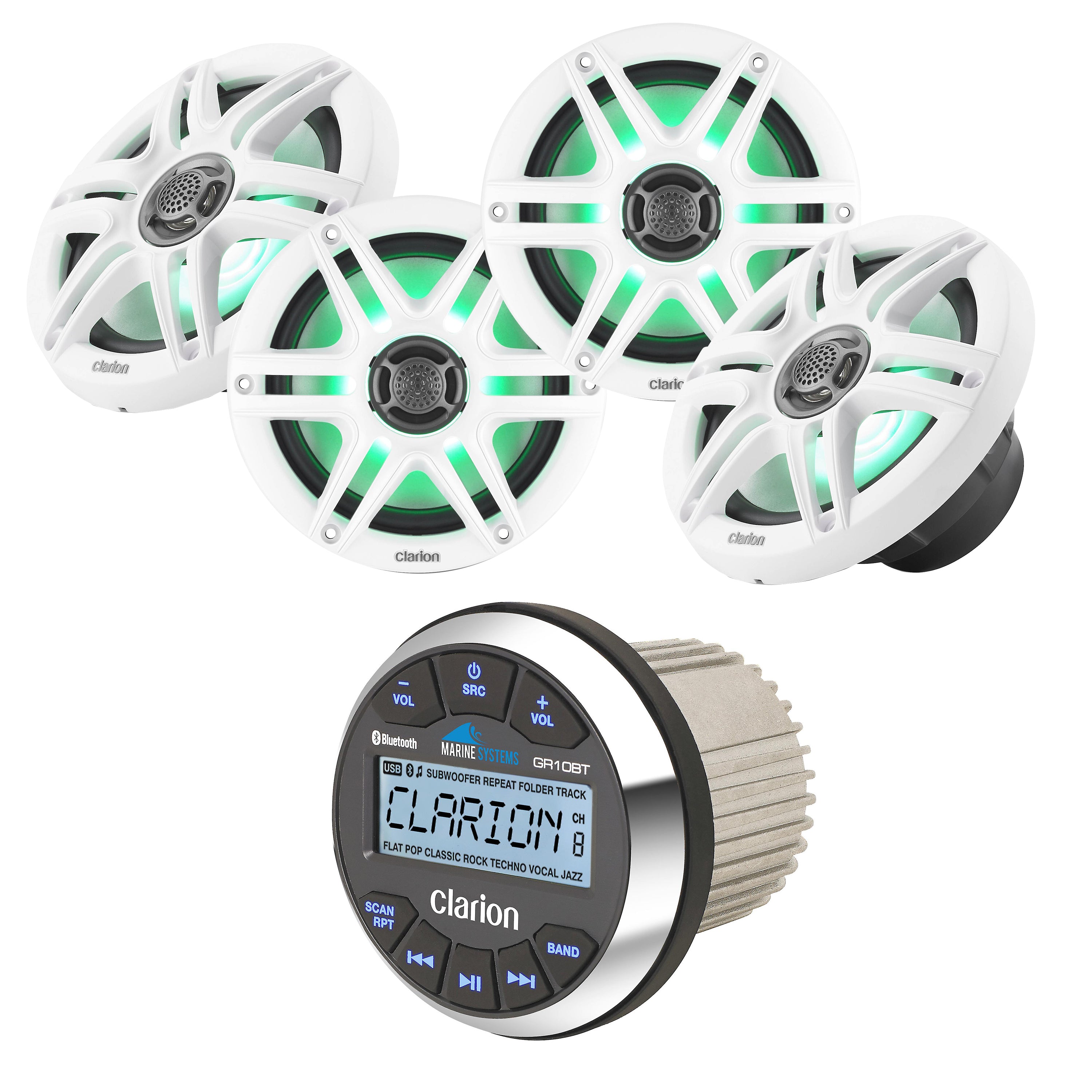 Clarion GR10BT + x2 Pair CMS-651RGB-SWB 6.5" Marine Speakers with LEDS Bundle