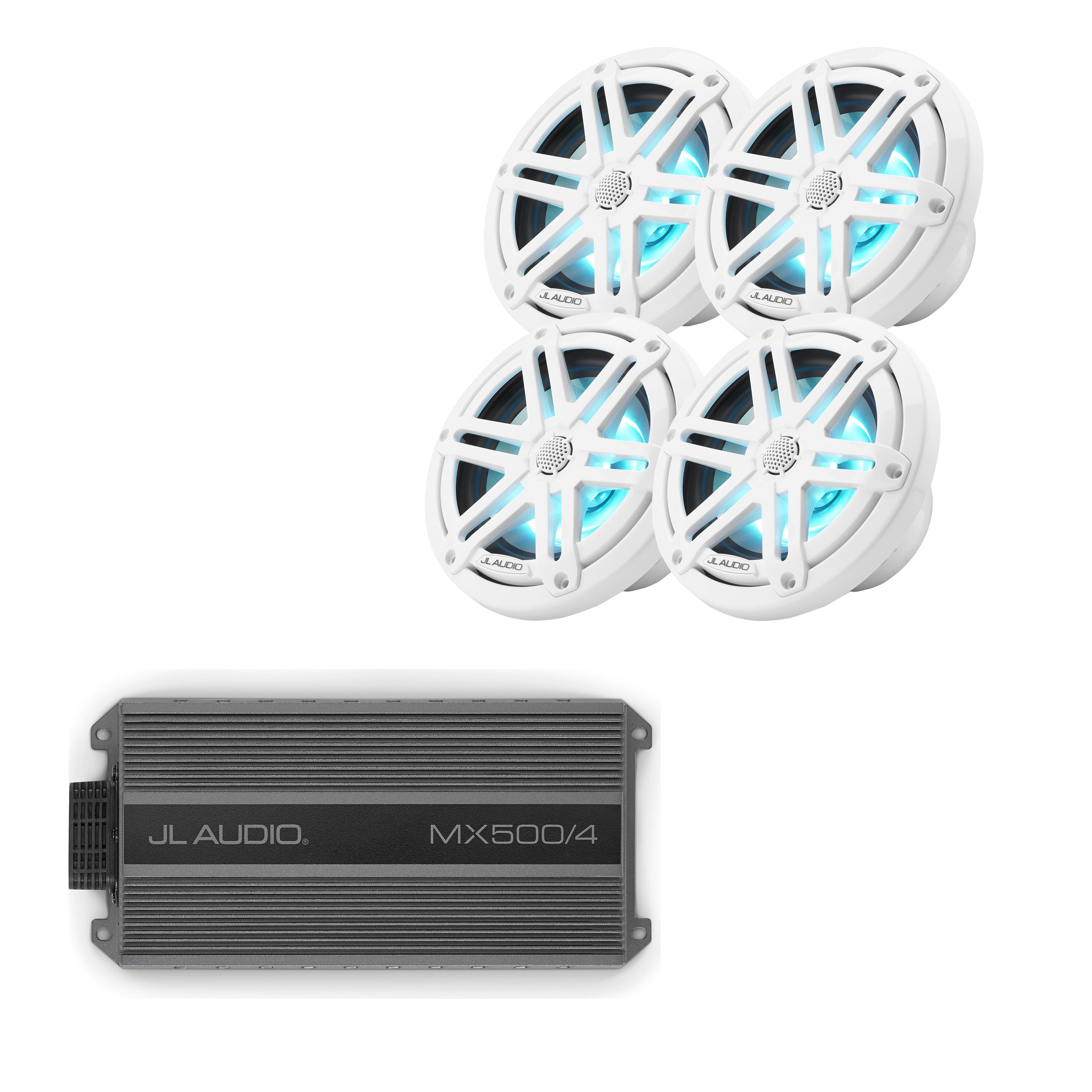 JL Audio MX500/4 Amplifier + M3-650X-S-GW-I x2 Pairs Speaker Marine Bundle