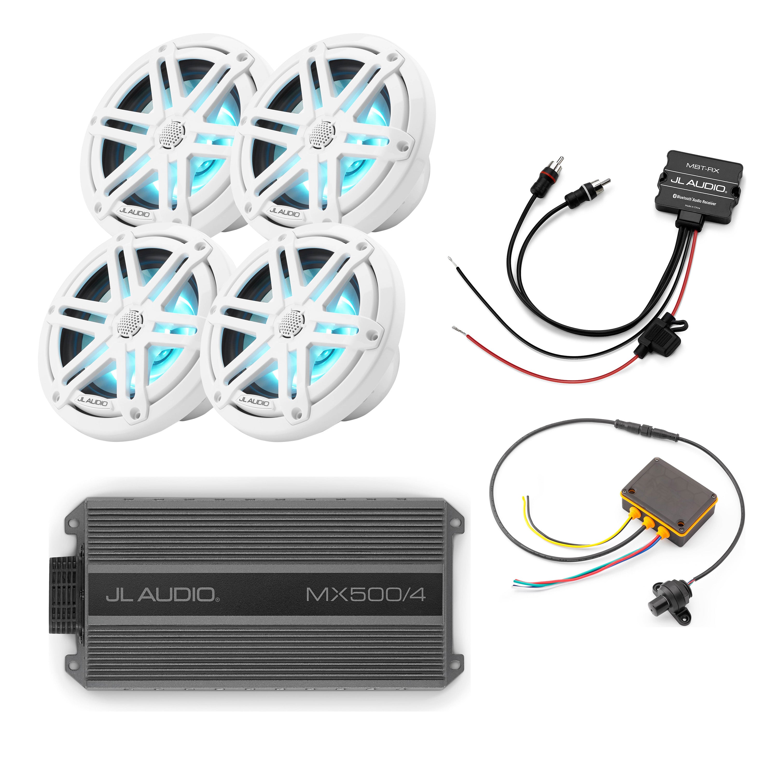 JL Audio MX500/4 Amplifier + M3-650X-S-GW-I x2 Pairs Speaker + MBT-RX + MLC-RW Marine Bundle