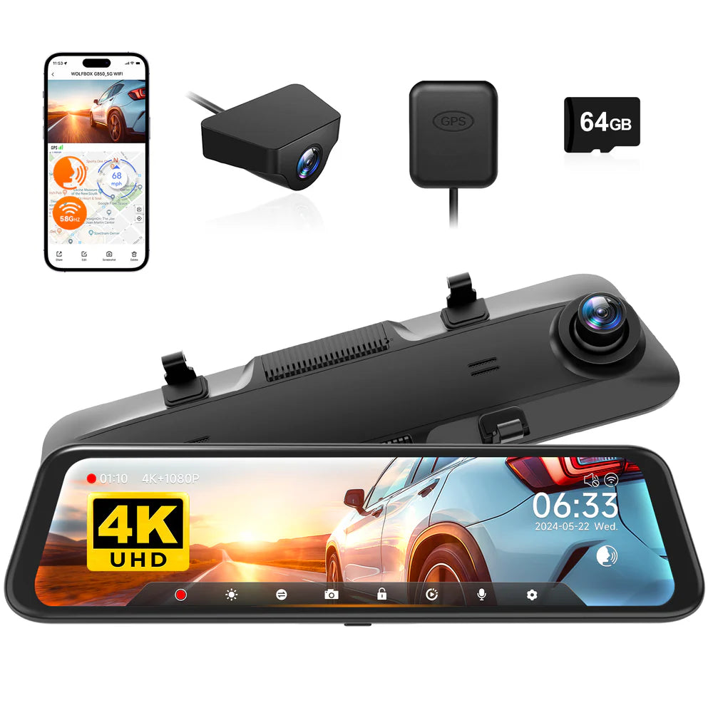 WOLFBOX G850 WIFI Smart Rearview Mirror Dash Cam and Backup Camera with Voice Control