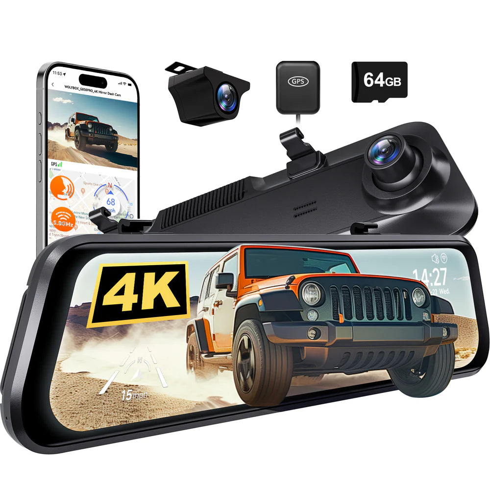 WOLFBOX G850Pro 4K Wifi ADAS Front and Rear Smart Mirror Dash Cam with Voice Control