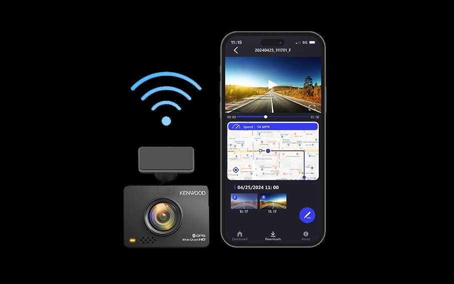 Kenwood DRV-A510WDP HD dash cam with Wi-Fi, GPS, and rear-view cam