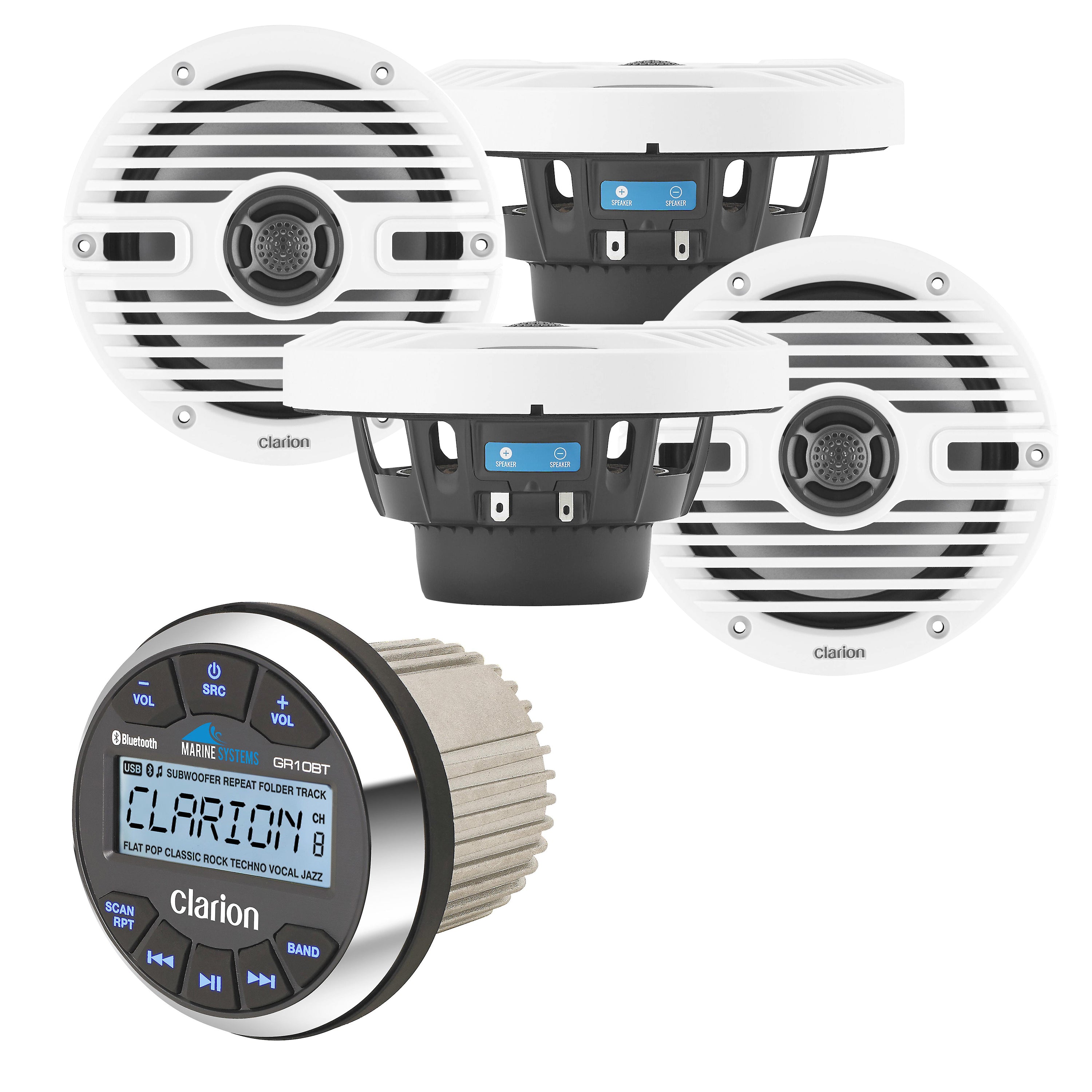 Clarion GR10BT + x2 Pairs CMS-651-CWB 6.5" Marine Speakers