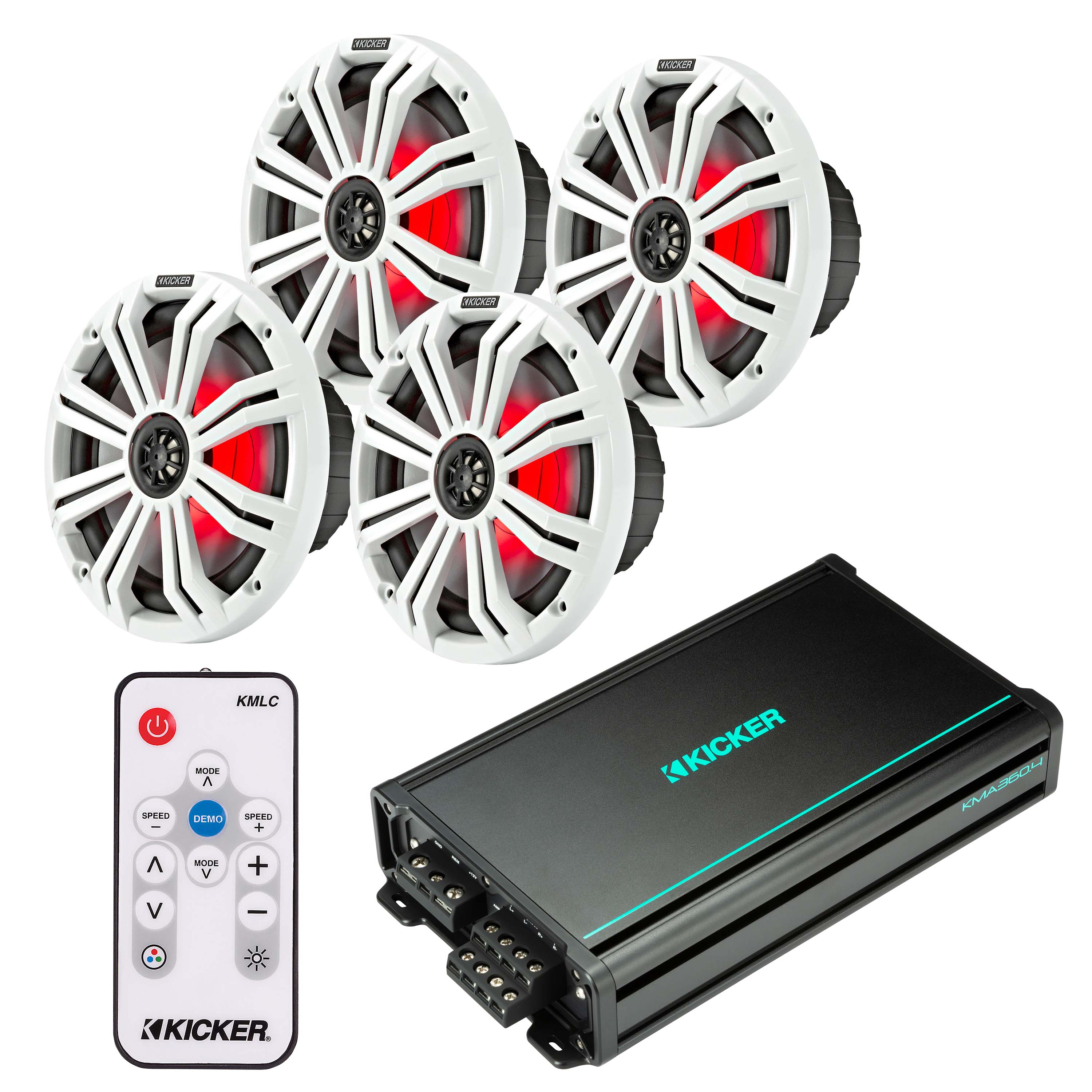 Kicker 45KM84L x2 Pairs of 8" Speakers + 48KMA3604 Amp + FREE 41KMLC Remote Marine Bundle