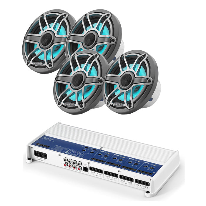 JL Audio M800/8v2 Amp + M6-650X-S-GMTI-I-4 x2 Pairs Marine Speaker Bundle