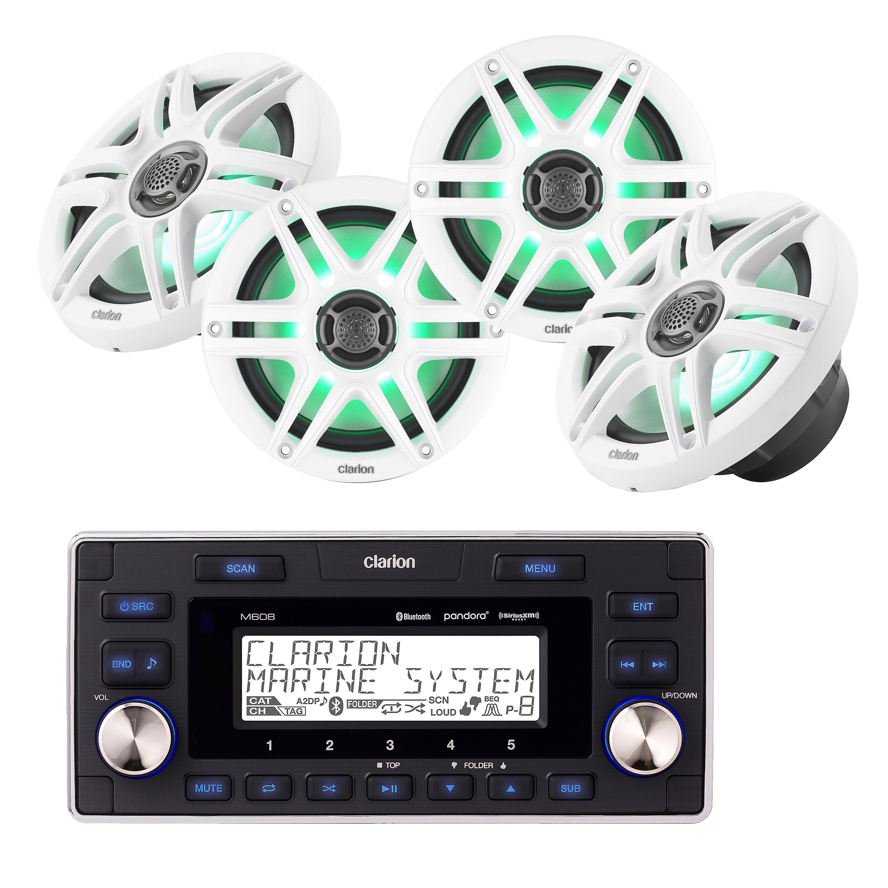 Clarion M608 Digital Marine Receiver + 2 Pairs CMS-651RGB-SWB 6.5" Marine Speaker Bundle