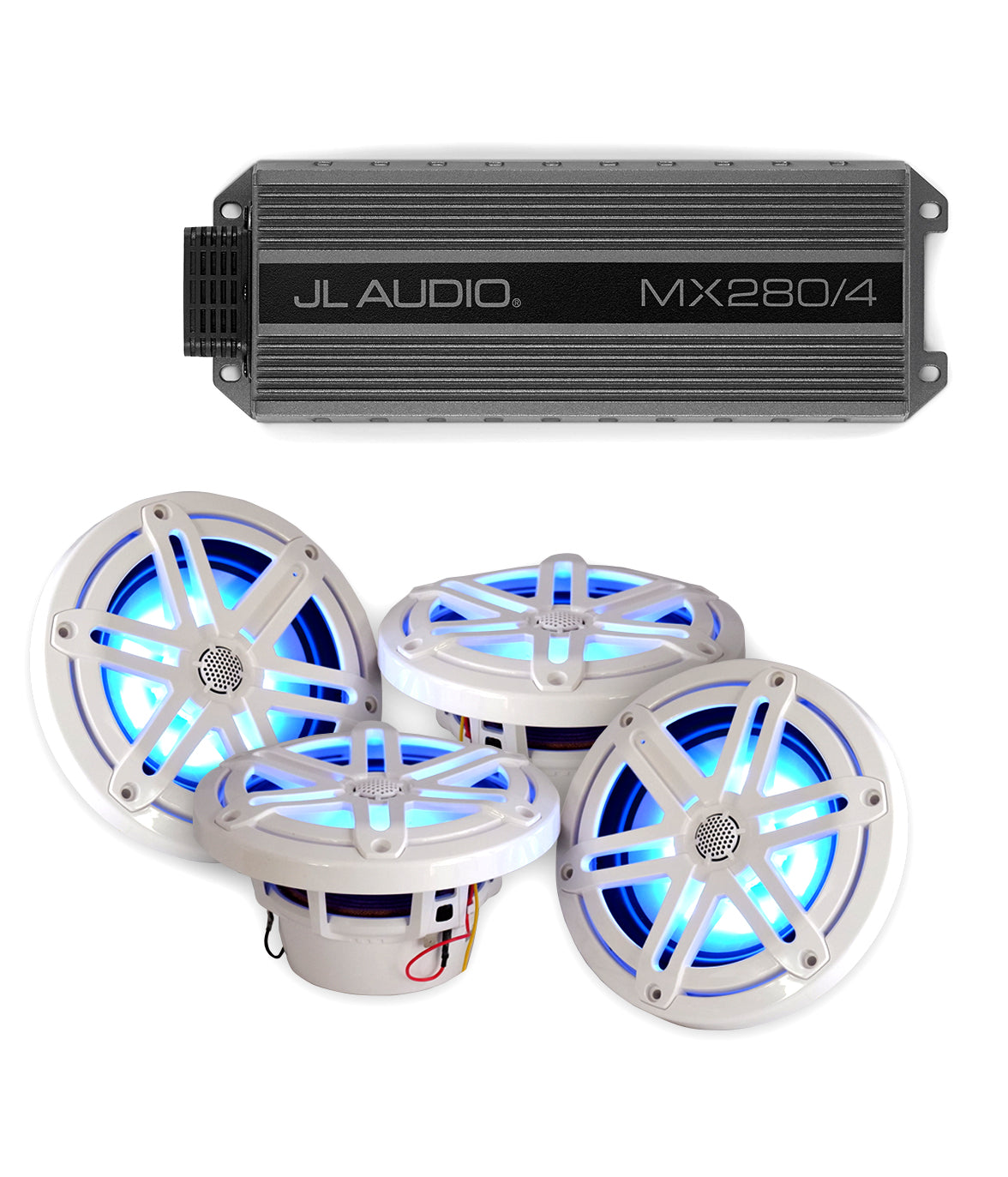 JL Audio MX280/4: 4 Channel Amplifier + 2 Pairs 6.5" Blue LED Speakers